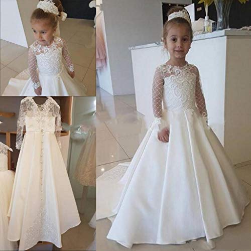First Communion Dresses Floor Length for Girls Wedding Pageant with Sleeves Long Ball Gown Magicdress 654