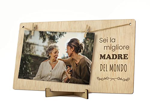 CONTRAXT Portafoto con mollette legno Mamma. Regalo dettaglio sorpresa Cornice Portafoto biglietto di auguri Festa della mamma migliore ti amo madre porta foto mollette polaroid Photo (Mamma IT)