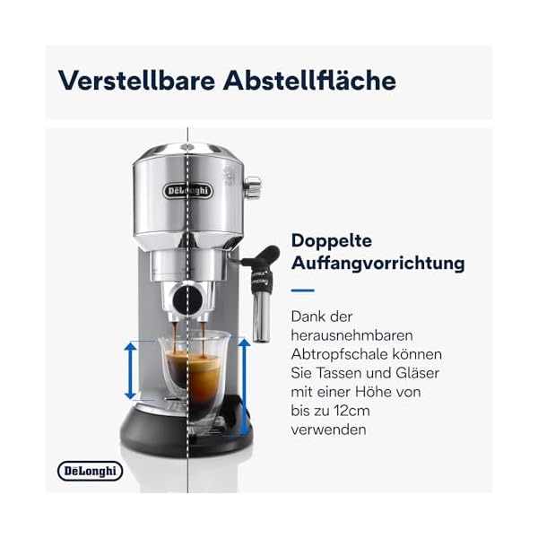 De'Longhi Dedica Style EC 685.M – Espresso Siebträgermaschine, Espressomaschine mit professionellem Milchaufschäumer, nur 15 cm breit, für Kaffeepulver oder ESE Pads, 1 l Wassertank, silber – Bild 6