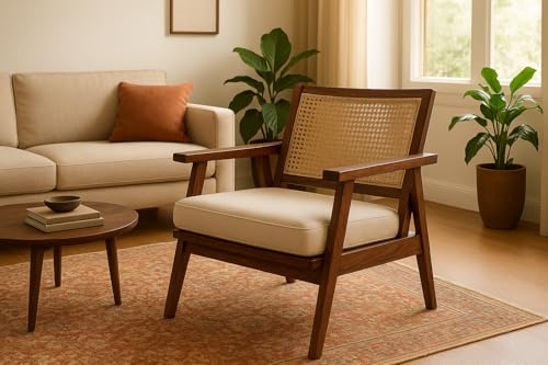 Image of Solid Wood Cane Lounge Chair | Handcrafted Wooden Armchair with Cushioned Seat | Premium Mid-Century Modern Accent Chair for Living Room, Balcony & Bedroom Honey Finish
