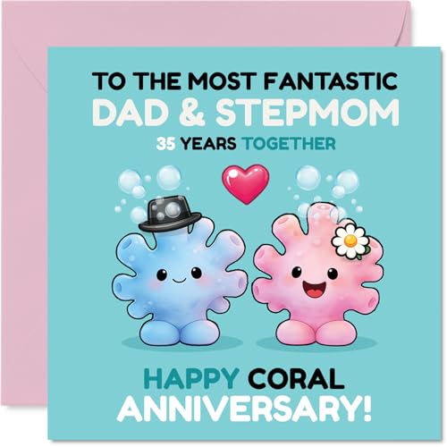 Divertida tarjeta de 35 aniversario para madrastra y papá, celebra 35 años con un chapoteo, diseño de pareja de coral de dibujos animados en azul alegre y rosa, cuadrado de 145 mm, sobre incluido
