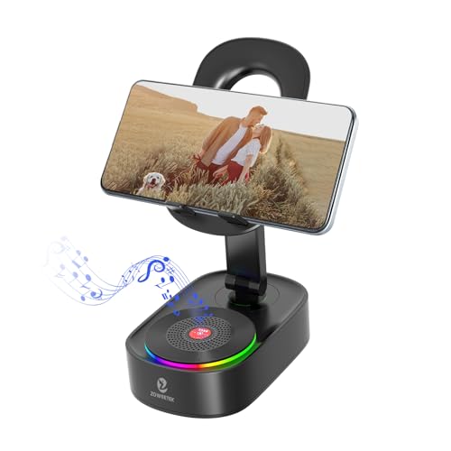 ZOWEETEK Soporte para teléfono celular con altavoz Bluetooth inalámbrico, sonido fuerte, 8H + tiempo de reproducción, Bluetooth 5.3, base antideslizante, diseño plegable para iPhone, iPad, Samsung