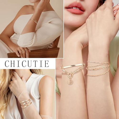 CHICUTIE Gold Jewelry Set For Women,14k Gold Plated Multi Layer Necklaces Bracelets Hoop Earrings Set Stackable Knuckle Rings, Trendy Elegance Charms Non Tarnish Minimalist Textured Boho Jewelry Gift3
