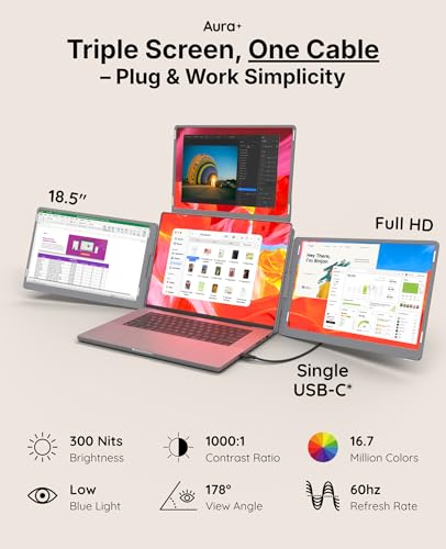Image of | Triple Go 18.5 inch Max | Premium Triple Portable Monitor Extender | Auto-Rotating Top Display | Quad Screens | 3x18.5 inch FHD 1080P HDR IPS | USB-C & USB-A | Compatible 11-18 inch Laptops