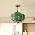 CKENSU Milk Glass Ceiling Light Fixture - Antique Brass Semi Flush Mount Pendant Light for Kitchen, Hallway, and Bedroom (Green 15 inch)