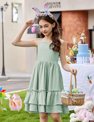 Image of Arshiner Girls Cami Summer Dress Boho Sleeveless Casual Sundress with Pockets for 4-12 Y