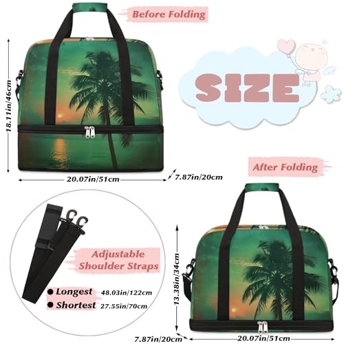 Travel Duffel Bag with Shoe Compartment, Vintage Tropical Sunrise Shoulder Weekender Bags for Women, Foldable Waterproof Travel Bag Carry on Bag2