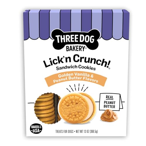 Three Dog Bakery Classic Cremes Baked Dog Treats, Golden with Peanut Butter Filling, 13 oz,Brown,310077