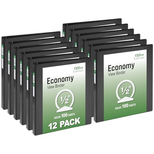 Office Essentials Economy View 3 Ring Binders 0.5 Round Rings 0.7 Spine 100-Sheet Capacity Black Binders (12-Pack of 03423)