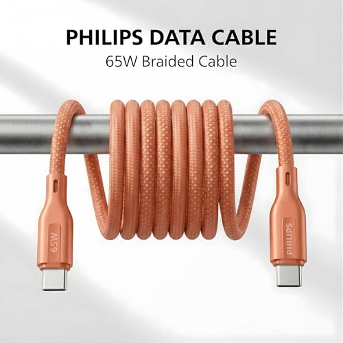 Image of PHILIPS DLC4150CR /94 65W Type-C to Type-C Fast Charging Cable (1.5m, Coral Reef) | Nylon Braided | Compatible with iPhone 15+ Series, USB-C iPad Models, Samsung Galaxy & All Type C Devices