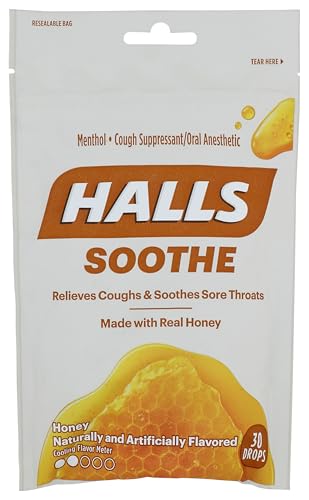 HALLS Soothe Honey Menthol Flavor Cough Drops, 1 Bag (30 Total Drops)
