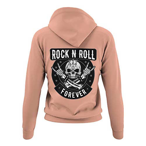 Rocker Damen Pullover mit Kapuze Rock n Roll Forever - Biker Kapuzenpullover Hoodie Frauen Mädchen für Rock Fans Heavy Metal Pommesgabel Regular Fit Baumwolle Schwarz Rose XS-3XL (Soft Rose, M)