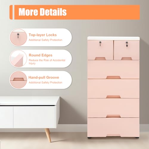LIYUANJUN 5 Tier Dresser with 6 Drawers, Clothes Storage Organizer with Locks and Wheels, Cabinet Tall Dresser for Office Home Bedroom Hallway, Closet Plastic Drawer Furniture (Pink, 19.7\" W X 40\" H)