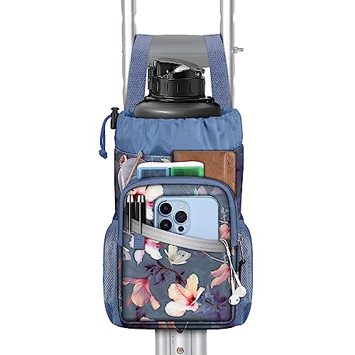 FINPAC Crutch Accessories Bag Water-Resistant Storage Organizer Tote Bag with Drink Holder and Zipper Pouch for Crutches Underarm Crutches Attachment Blooming Hibiscus