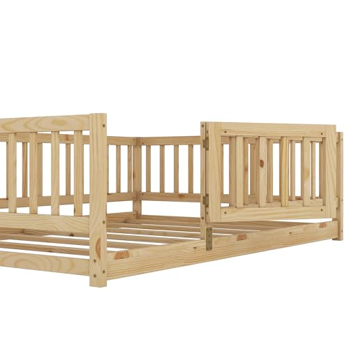 Image of Bellemave Full Size Kids Montessori Floor Bed with Door,Solid Wood Floor Bed Frame with Slats and High Fence for Kids,Girls,Boys,Natural