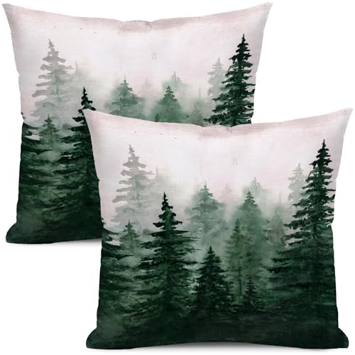 Green Misty Forest Fir Tree Throw Pillow Cover 16x16 inch, Vintage Watercolor Plant Nature Mountain Pillow Case Outdoor Decorative Square Farmhouse Cushion Pillowcover for Home Sofa Bed Couch Set of 2