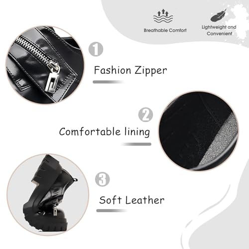 Men's Soft Leather Fashion Zipper Platform Low Chunky Heel Slip-On Loafers Retro Round Toe Comfortable Anti-Slip Lug Sole Penny Loafers for Business Dress Wedding Casual4