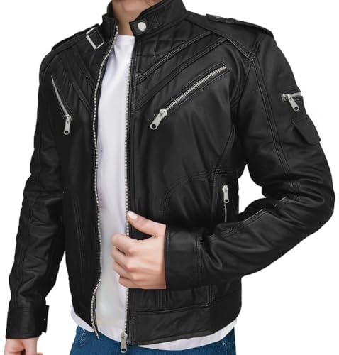 Black Real Lambskin Genuine Leather Jackets For Men - Motorcycle Diamond Quilted Leather Jacket Men Vintage Moto2