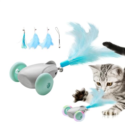 電動インタラクティブ猫おもちゃ、自動移動猫おもちゃ | 羽と鈴が付いたきしむ猫のおもちゃ - カラフルなグラデーションライト付きネズミ猫じゃらしおもちゃ、USB充電式
