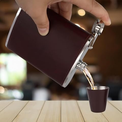 POOCCI -Drinking vessels、Hip flasks Men's Leather Flask with 2 Cups and Funnel - 100% Leak Proof with Stainless Steel and Premium Leather, Flask Gift Set for Father, Grandfather Cover