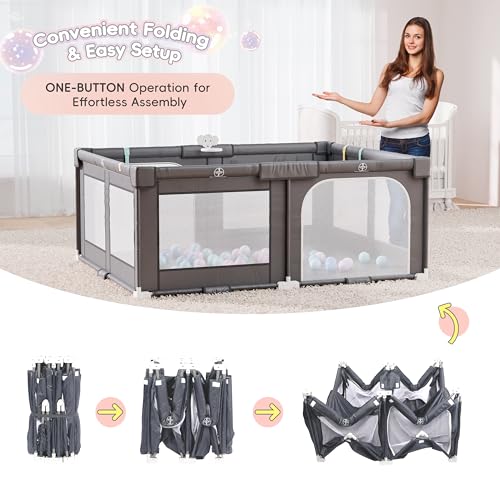 Xilingol 72" X 59" Foldable Playpen, Potable Baby Play Yard with Carry Bag, Baby Gate Playpen with Anti-Slip Suckers & Zipper Gates, Baby Fence Play Area with 4 Handlers & 50 Ocean Balls(Grey)