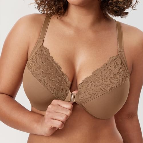 Image of DELIMIRA Women's Front Closure Racerback Bras | Plus Size, Full Coverage, Lace, Underwire, No Padding Unlined