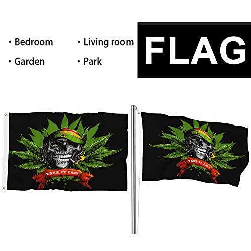 Swono Rastaman Skull Flag Skull Head Palm Tree Take It Easy Quote Outdoor Garden Flag Indoor Flag Home Decor Standing Farm Flag Banner 3X5Ft #TOP5