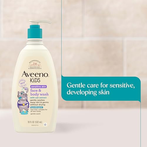 Image of Aveeno Kids Sensitive Skin Face & Body Wash, Nourishing Oat Extract, Wash Away Dirt and Germs Without Drying, Kids Body Wash is Tear-Free, Hypoallergenic, Sulfate- & Dye-Free, 18 Fl Oz