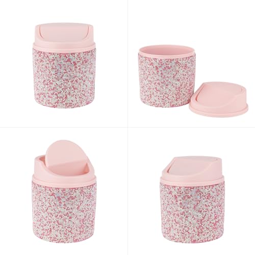 Image of KEYPOWER Bling Rhinestone Mini Plastic Trash Can Cute Small Waste Can with Swing Lid,Suitable for Home Countertop,Car,Table Desk,Office (Pink)