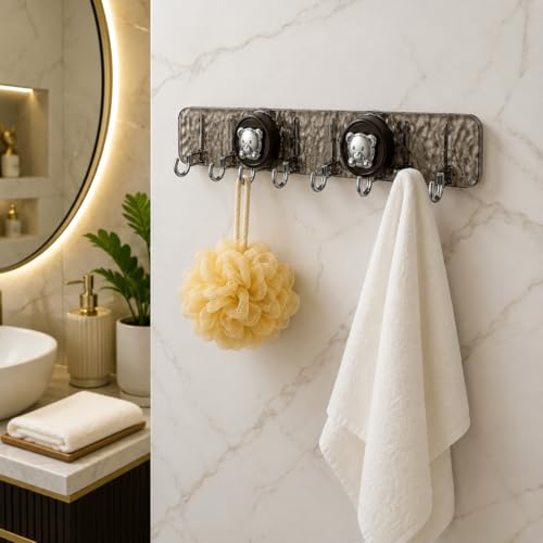 Image of Self Adhesive Wall Hook Rack | No Drilling Foldable Hooks for Bathroom, Kitchen & Home | 90 Rotatable Corner Mount | 6 Hooks | PC+ABS | Translucent Grey | 50 cm | Pack of 1