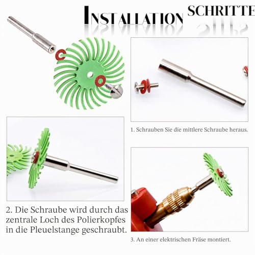Swpeet 66 Stück 2,5 cm 6 gemischte Körnung 80/120/220/400/600/1000 Radialborsten Schleifbürste Lücke Polierpad Polierscheiben Sortiment Kit