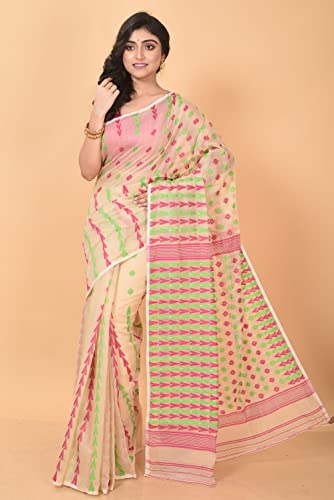 Sari jamdani de algodón bengalí hecho a mano vestido tradicional beige de 5.5m 2