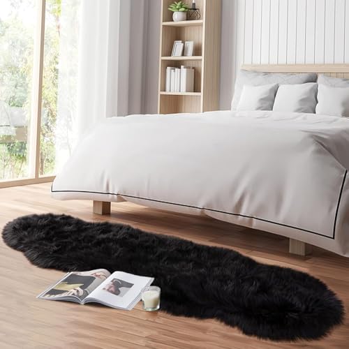 Image of Faux Fur Wave Rug for Bedroom, Fluffy Soft Sheepskin Rug, 2.5x5ft Plush Area Shaggy Rugs Floor Carpets for Nursery Bedside, Cute Fuzzy Home Decor (Black)