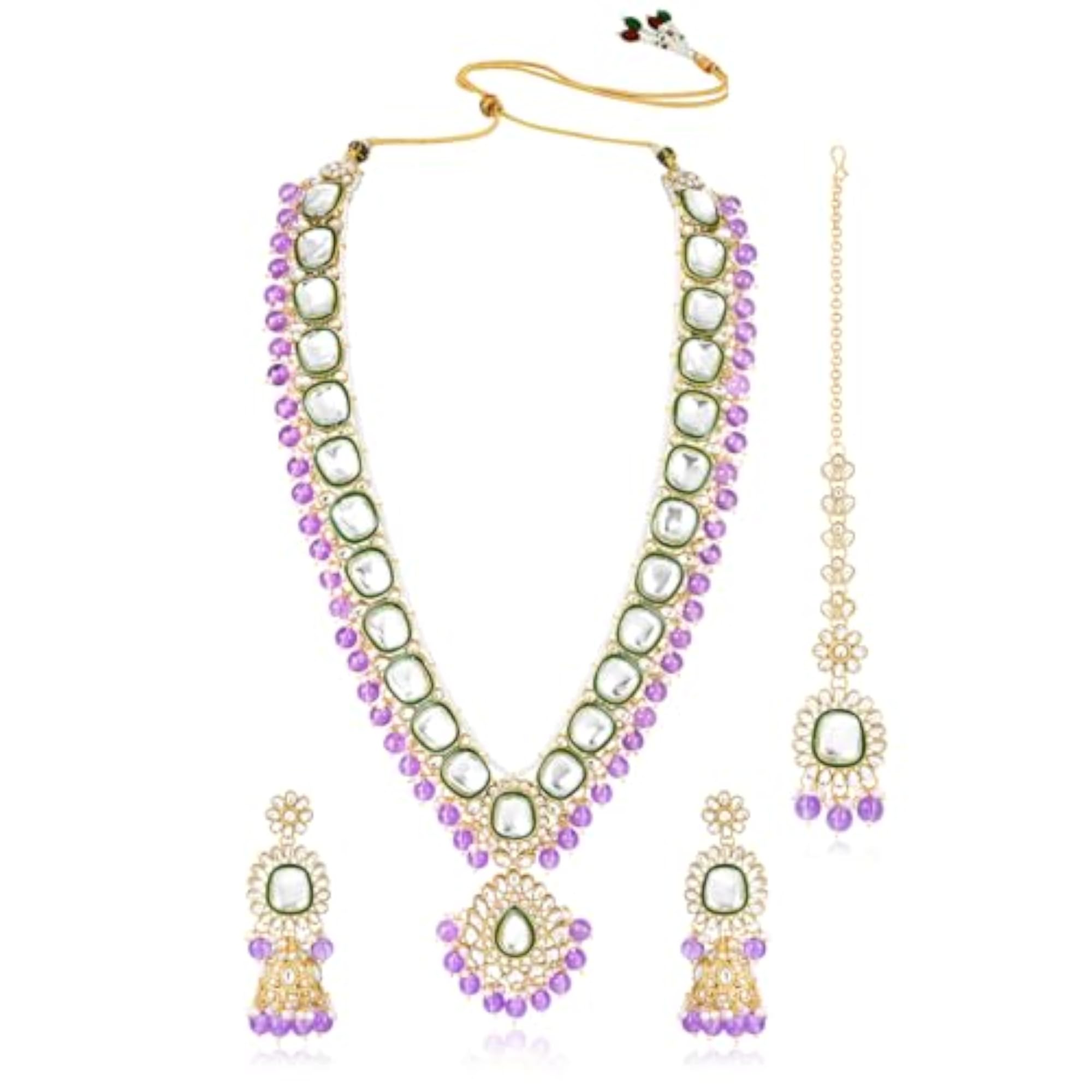 Gold Plated Crystal Kundan & Beads Long Necklace Set