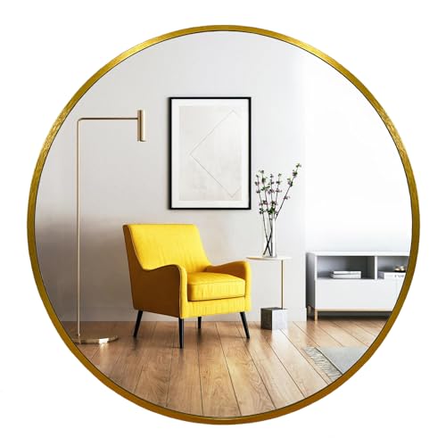 Image of Oruii Gold Round Mirror, Golden Round Mirror 24 inch, Circle Wall Mirrors Metal Frame, Brass Circular Mirrors for Bathroom, Wall, Living Room, Entryway, Hallway, Vanity, Rustic