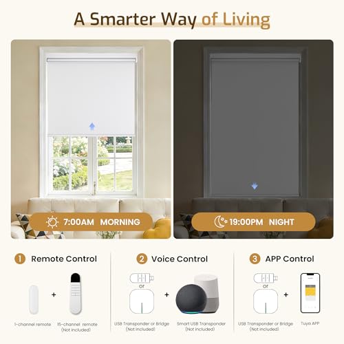 Grandekor Motorized Roller Shade with Remote Control,Motorized Blinds 100% Blackout Electric Shades, Cordless Window Blinds Shades for Bedroom Living Room Office,White,W39 xH72