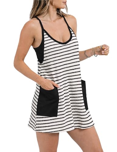 Image of Womens Athletic Sundress with Built-in Shorts Golf Tennis Romper | Sleeveless Mini Spaghetti Strap dress Functional side pockets tummy-friendly fit casual beach vacation