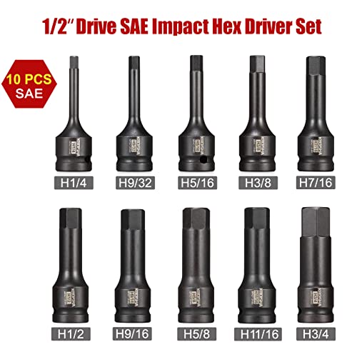 Kboisha 1/2" Drive Master Impact Hex Bit Set, 20-Piece Sae And Metric Hex Driver 1/4” - 3/4” And 6Mm - 9Mm Cr-Mo Allen Bit Socket Set With Storage Case #TOP2