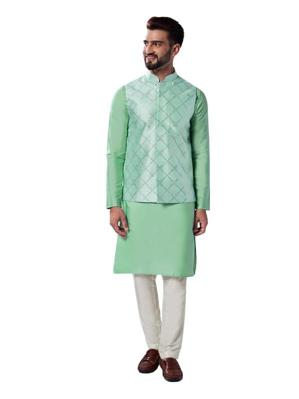 Image of KISAH Men's Navy Blue Printed Cotton Kurta - Regular Fit Long Tunic with Mandarin Collar | Ethnic Wear for Weddings & Festive Occasions