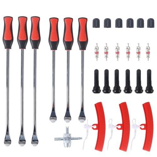 Image of 14.5 inch&11.5 inch Steel Tire Spoons Tool Set, 28Pcs Tire Changing Tools, Motorcycle Tire Changer, Dirt Bike Tire Levers, 6 * Tire Spoons, 1 * Valve Removal Tool etc. (Red)