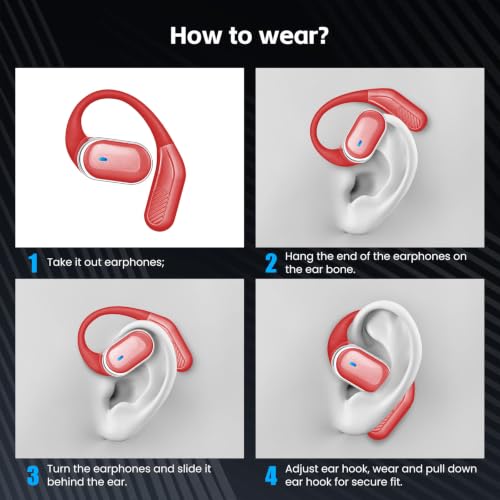 Image of TRAUSI Open Ear Wireless Earbuds Bluetooth Headphones, 80H Playtime Stereo Ear Buds with ENC Noise Cancelling, Fast Charging, IPX7 Waterproof Sports Earphones with Earhook for Running /Workouts (Red)