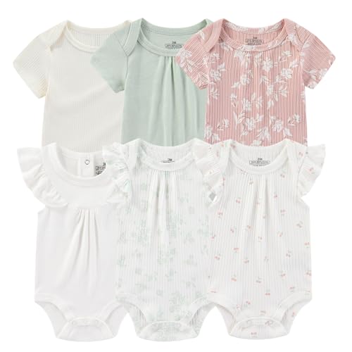 Image of Ruliby Baby Bodysuit 6 Pack Soft Mixed Ribbed Short Sleeve Romper Infant Boy Girl Clothes Set