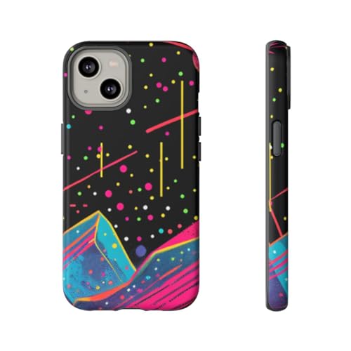 Coque rigide mate iPhone 14 noir paysage cosmique néon design épuré