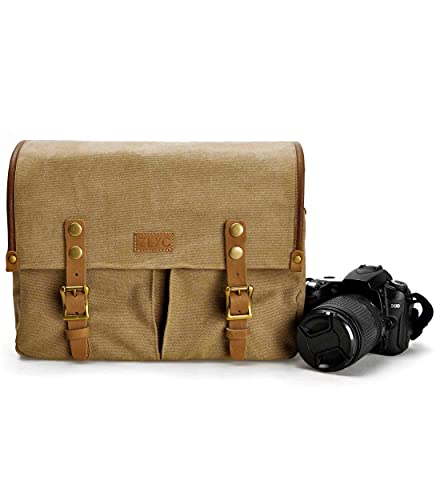 Image of ZLYC Canvas Leather DSLR SLR Vintage Camera Messenger Bag, Khaki