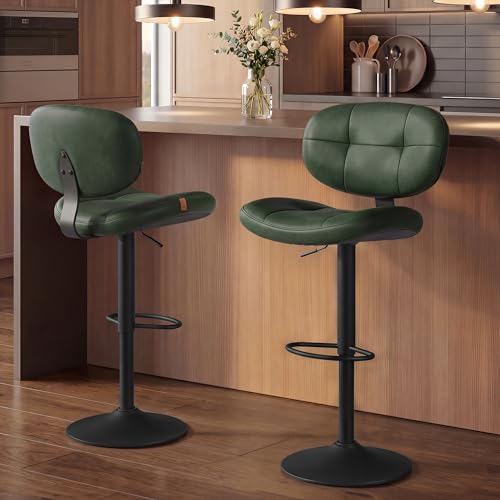 Image of VASAGLE Bar Stools Set of 2, Height Adjustable Kitchen Barstools, Swivel Bar Chairs with Back and Footrest, Quilt PU Leather Surface, Dining Room, Counter, Steel, Forest Green ULJB150C101S