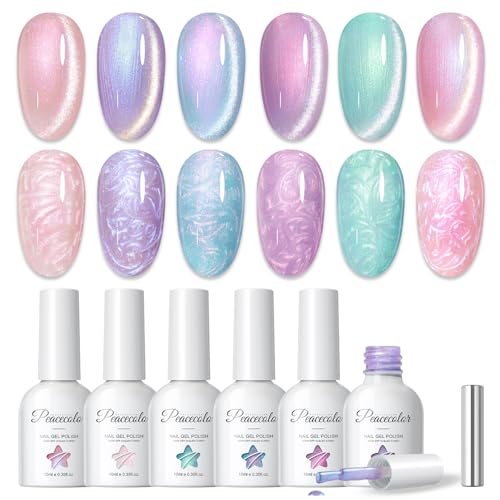 PEACECOLOR Pearl Gel Nail Polish 6 Colours Cat Eye Soak-Off UV/LED Polish Purple Pink Rose Blue Magnetic Mermaid Swirl Shell Gel Polish with Magnet for DIY Manicure Gifts for Women 10ML