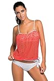 Lady Swain Women Sexy Lace Print 2pcs Bandeau Tankini Swimsuit (L, Orange)