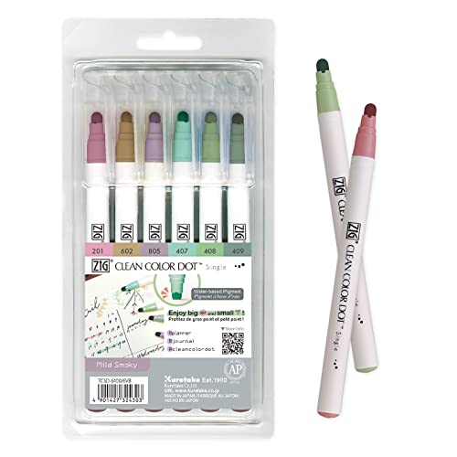 Kuretake CLEAN COLOR DOT Single Mild Smoky 6 colors set Flexible dot tip marker for Journals Crafts Illustration Lettering Planners for Adult Kids Made in Japan