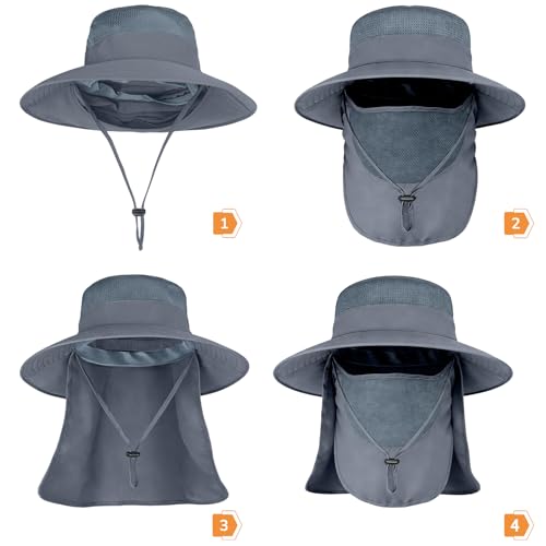 Image of Sun Hats for Men Women Fishing Hat UPF 50+ Breathable Wide Brim Bucket Hats Summer UV Protection Safari Hat with Neck Flap