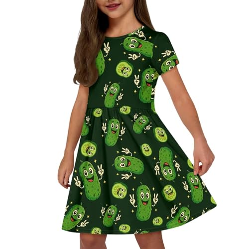 Girls Short Sleeve Dresses Summer Twirly Skater Dress with Pockets for 2-14 Years Old